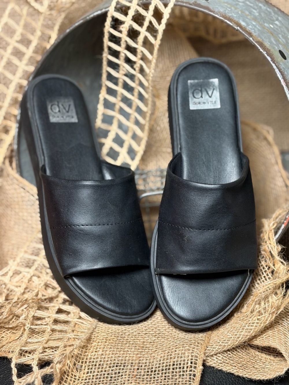 Dolce Vita Black Leather Slide Sandals Size 9.5